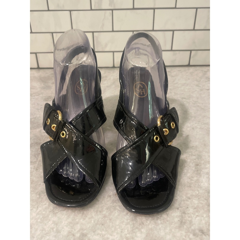 Ash Block Heel Sandals Womens 9 Black Patent Leather Slingback Gold Buckle